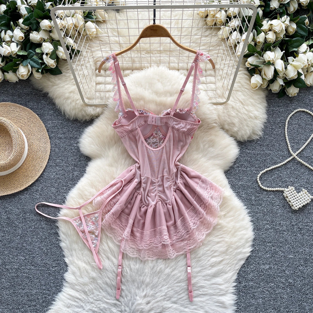 SINGREINY Strap Corset Lingerie Nightdress New Sleeveless Slim Floral Print Mini Nightwear Shapewear Mesh Lace Erotic Mini Dress