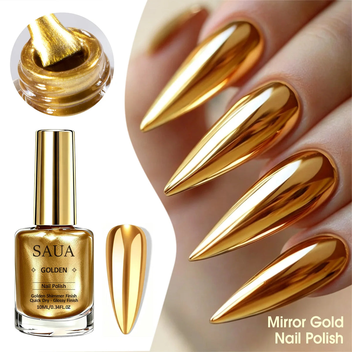 10ml Gold Metallic Nail Polish – Quick-Drying, No Lamp Required; Delivers a Long-Lasting, Natural Mirror-Like Metallic Finish.