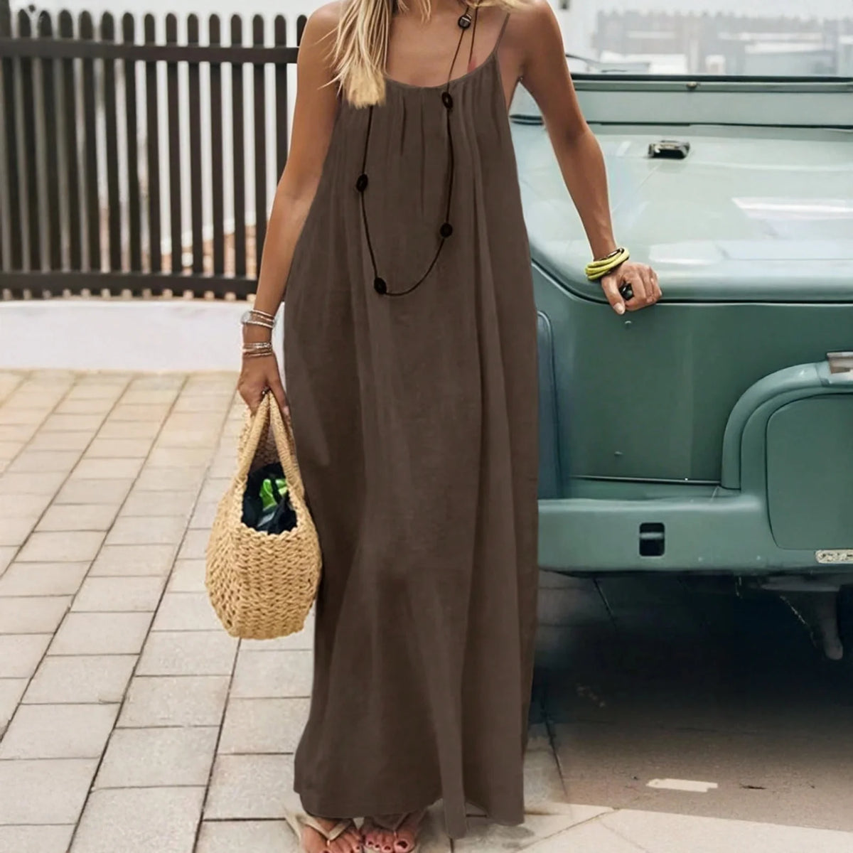 Women's Backless Cami Dress Summer Casual Sleeveless Boho Beach Maxi Dress Spaghetti Strap Vacation Long Sundress with Back Tie