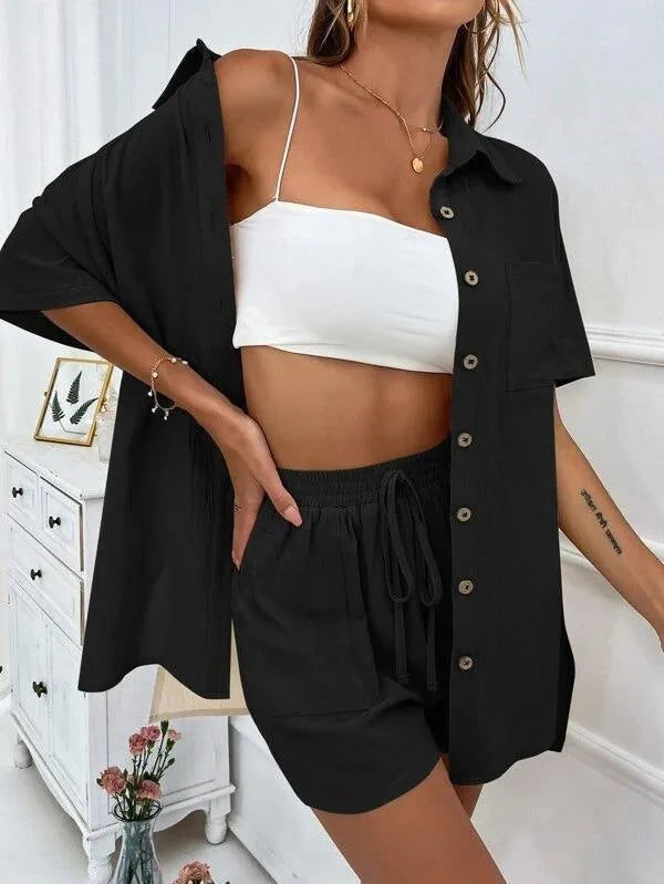 Solid Color Casual Fashion Loose Short Pants Sets For Women Elegant Summer Women's Long Sleeve Single breasted Two Pieces