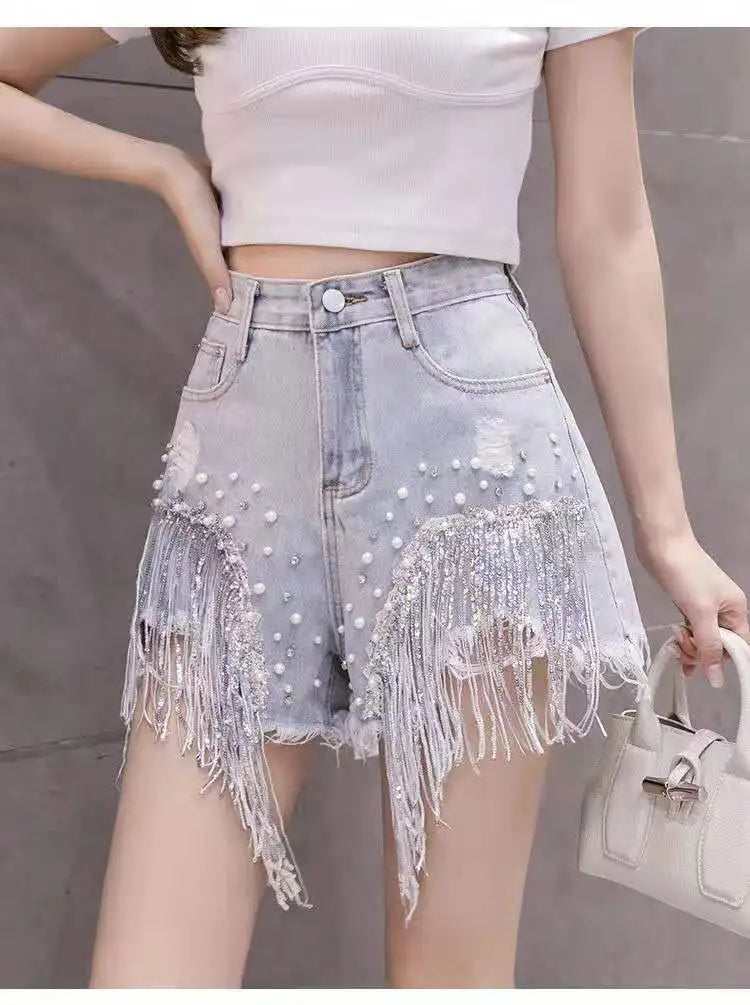 2026 Summer New Personalized Denim Shorts for women's High waisted Diamond Studded Heavy industry Sequin Tassel Fashion Shorts