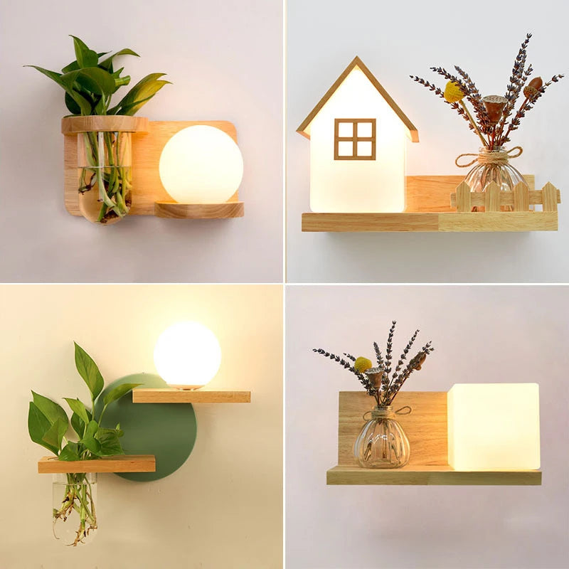 Modern Wooden Lamp Led Wall Lamps Nordic Personality Creative Green Plant Pot Home Decor Living Room Aisle Loft Light Fixtures