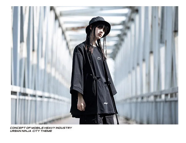 2023 Ribbon Hip Hop Punk Techwear Kimono Oversized Shirts Mens Japan Style Harajuku Casual Cargo Shirt Cloak