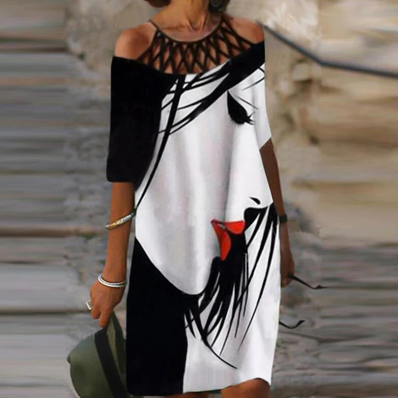 Fashion Retro Printing Women Dress Sexy V-Neck Short Sleeve Loose Beach Homewear Dress Summer Casual Comfy Female Model Dress