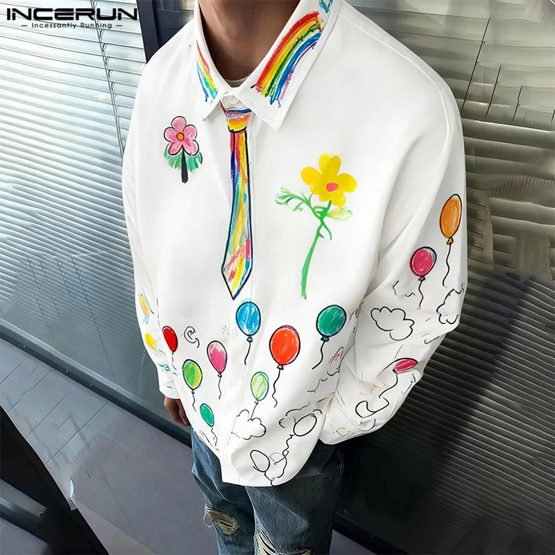 INCERUN Men Shirt Printing Lapel Long Sleeve Loose Men Clothing Streetwear Vacation 2026 Fashion Casual Tops Male Shirts S-5XL