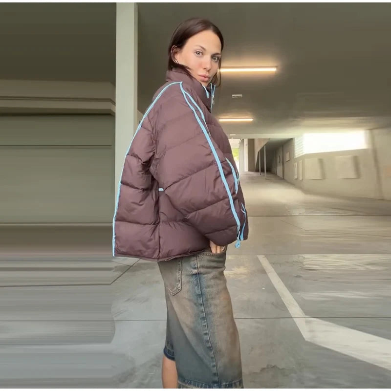 Casual Contrasted Color Women's Cotton Coats Zippers Stand Collar Loose Lady Thicken Jackets 2026 Autumn Winter Female Tops New