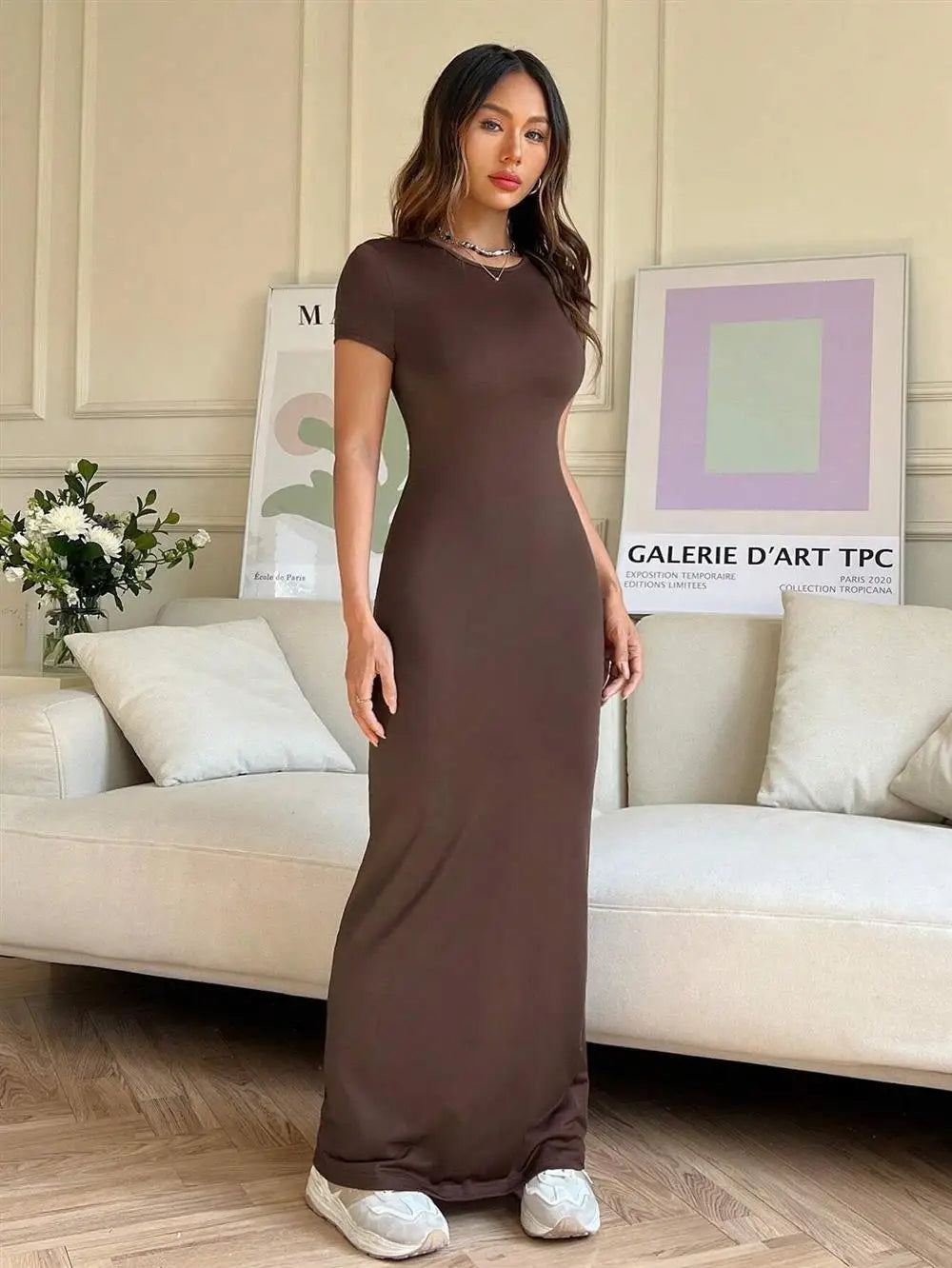 Sexy Slim Fit Short Sleeve round Neck Dress Pure Color Long Dress for Women LinJ2026 Casual European Style mid Waist Skirt