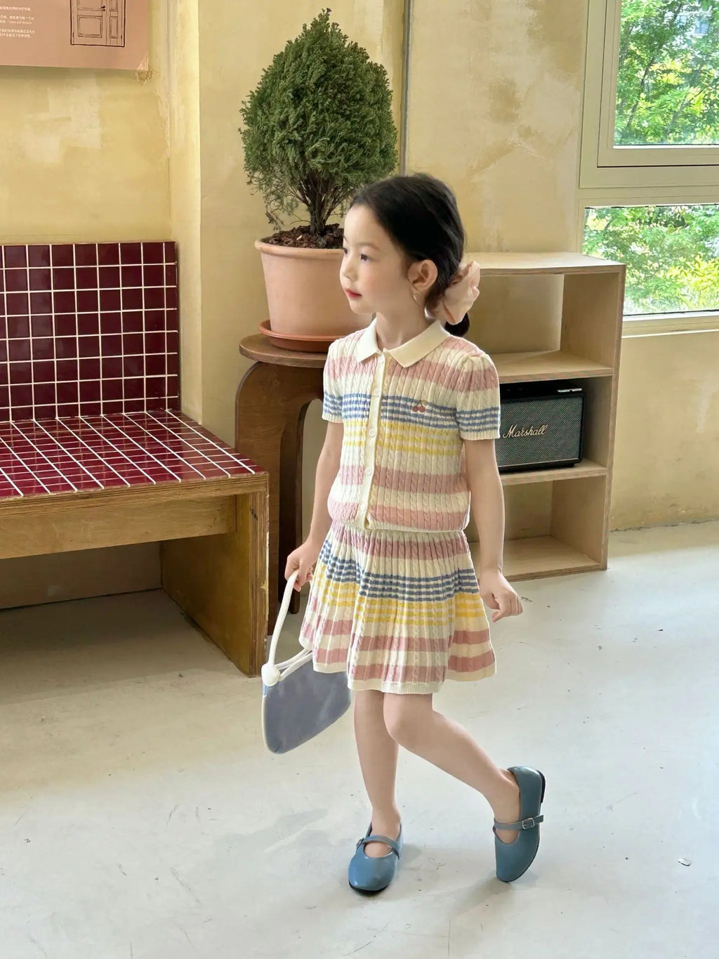 Girls Suit 2025 Summer New Childrens Clothing Korean Style Girl Baby Stripe Tie-in Color Cardigan Skirt Two Sets of Casual Daily