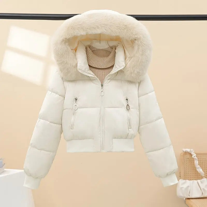 Korean Style Cropped Slim Fit Puffer Parka Women Detachable Faux Fur Trim Hood Thick Warm Zip Pockets Winter Casual Outfit 2026