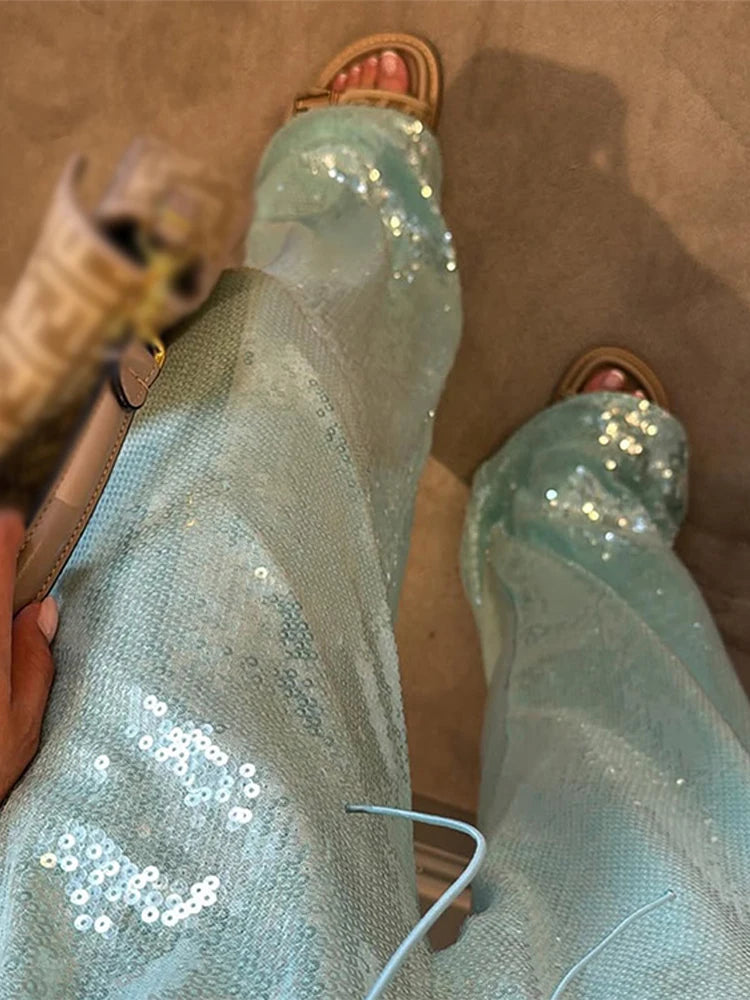 Casual Sequin Pants Women Loose Elastic Waist Wide Legs Trousers Female 2026 Autumn Winter Fashion Chic Solid Streetwears Lady