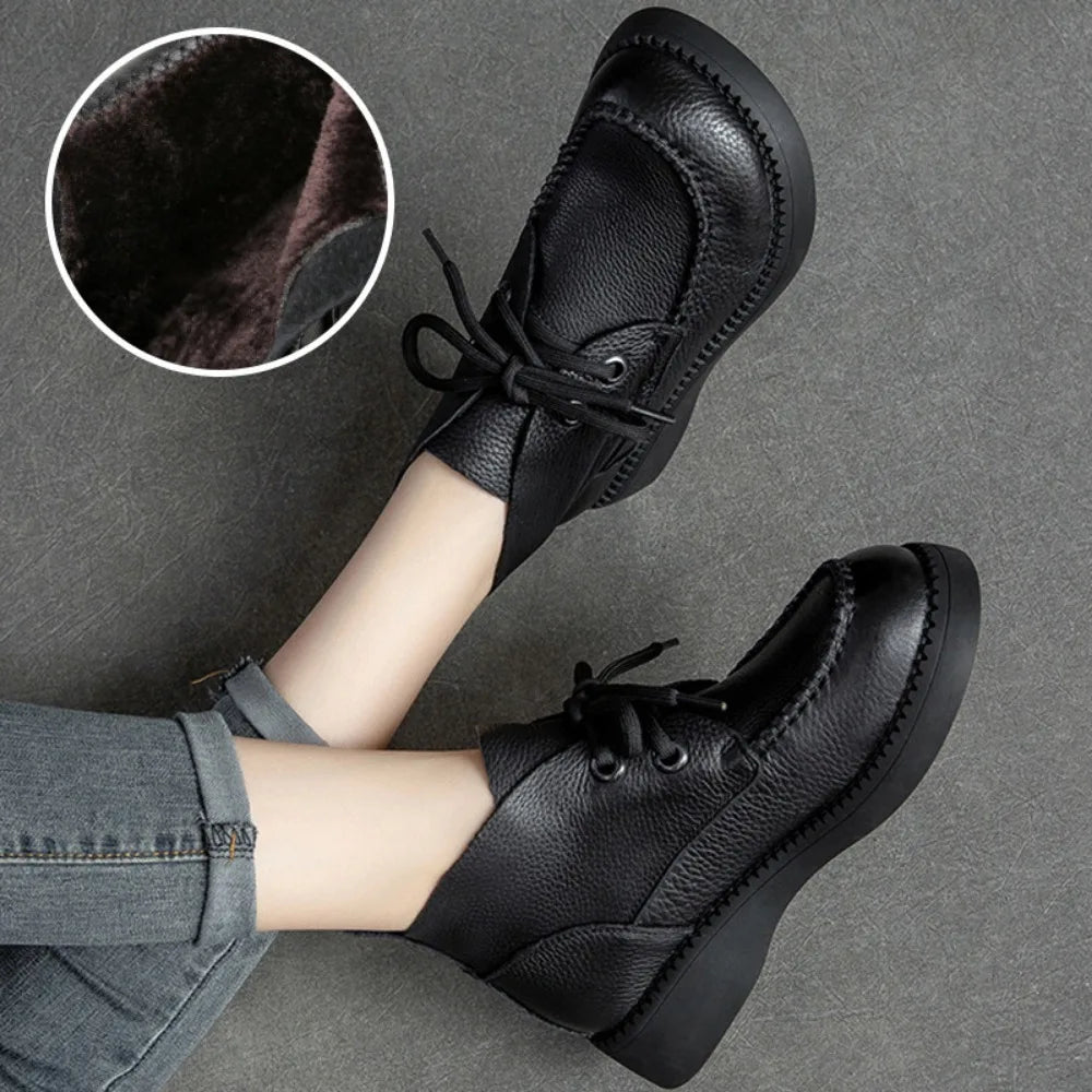 Leather Retro Ankle Boots Autumn Winter Lace Up High Top Women's Shoes Warm and Plush Short Boots Casual Non Slip Leather Shoes