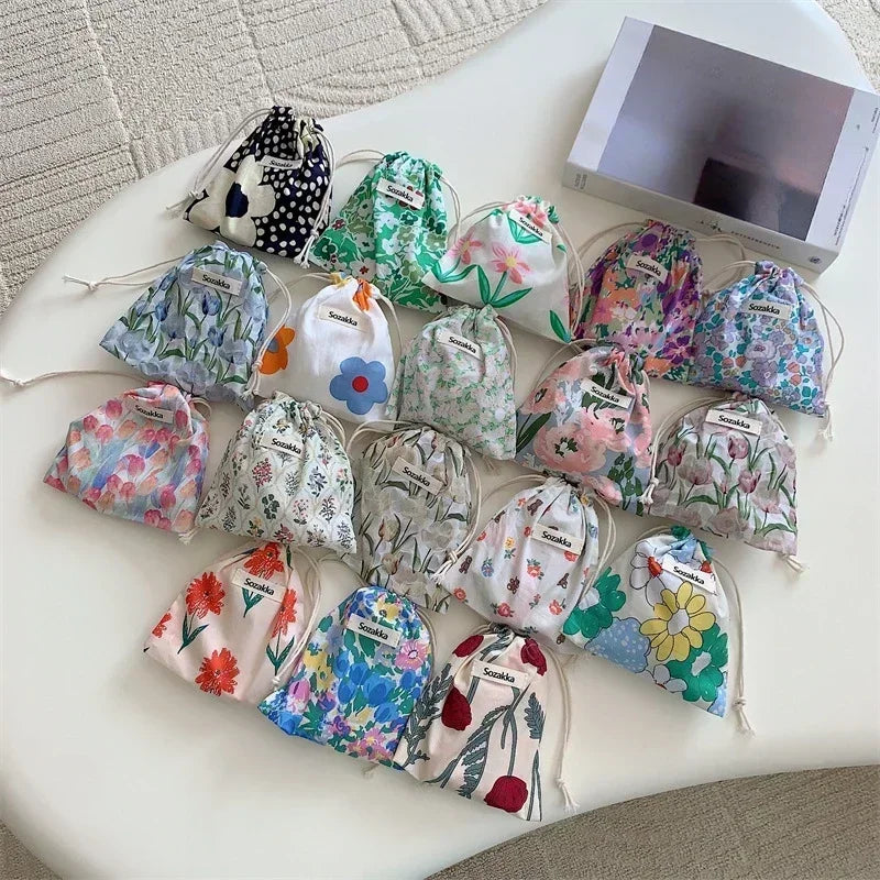 Kawaii Cloth Floral Drawstring Storage Bag Cosmetic Organizer for Women Makeup Handbags Wallet Small Pouch