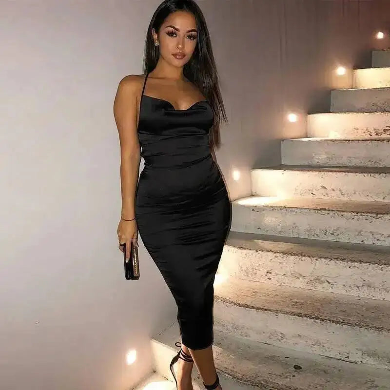 Satin Lace Up Women's Long Midi Dress Light Pink Bodycon Backless Elegant Party Sexy Club Clothes Summer Dinner Outfit