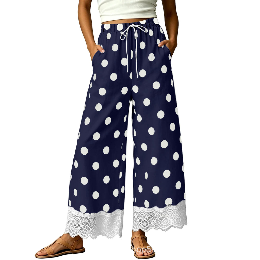 Ladies' Casual Wide Leg Pants, Thin and Sweet, Nine PointWide LegPants, Loose ElasticWaisted Lace Pants, Women's Polka Dot Cheap