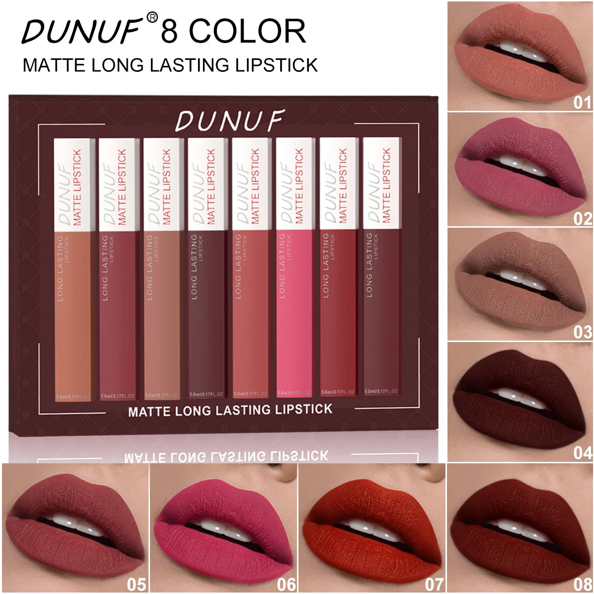 8Pcs/Set Matte Velvet Lip Gloss Long Lasting Nude Shades Non Fading Waterproof Sweatproof Lightweight Comfortable