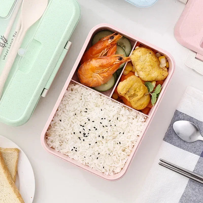 Microwave Lunch Box Wheat Straw Bento Box With Dinnerware Food Storage Container Children Kids School Office Portable Bento Box