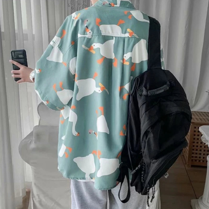 Retro Oil Painting Goose Print Men's Short Sleeve Thin Shirt Summer Fashion Casual Loose Square Neck Versatile Top