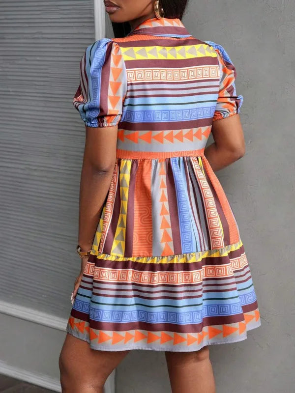 Fashionable Print Ethnic Style Women's Dress Stand Collar 3/4 Sleeve Loose Fit Midi Dress Polyester Cotton Blend Sleeve