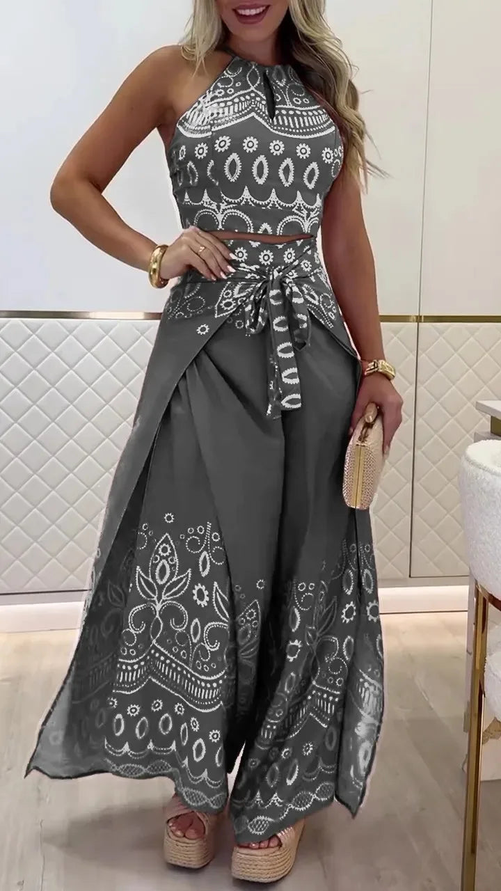 Summer Vintage Halter Top Wide Leg Pants Set Women's Bohemian 2-Piece