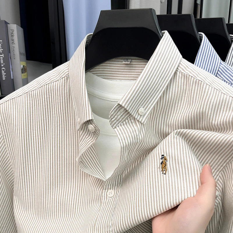 100% Pure Cotton Short Sleeved Shirt 2026 Summer New Men's Button Up Lapel Fine Stripe Middle-aged and Young Half Sleeved Shirt
