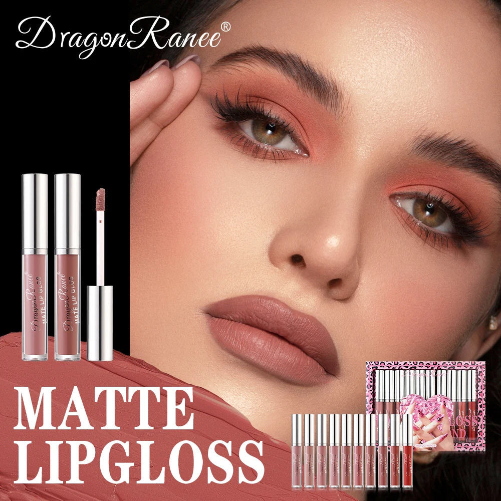 Lip Gloss Set of Ten in a Box, Velvet Soft Matte, Brightening, Versatile, Moisturizing Lipstick, Nude Color, Long-Lasting, Non-Stick, Non-Fading Lip Gloss