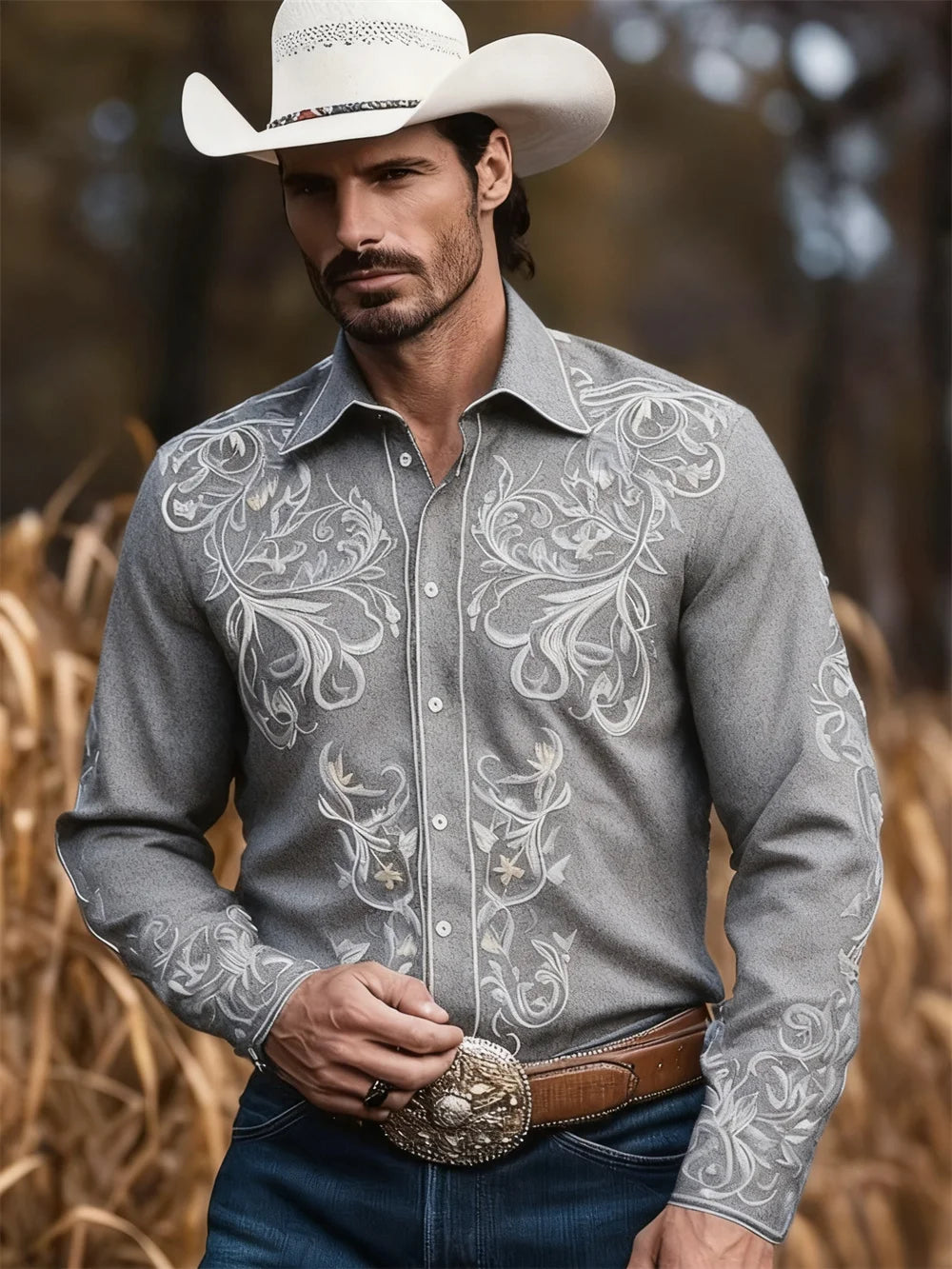 Men's Western Cowboy Style Casual Shirt with 3D Digital Printing Pattern, Vintage Holiday Casual Button Shirt