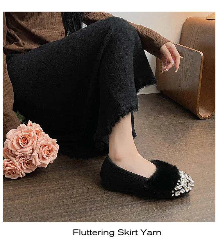 Luxury Glitter Rhinestone Ladies Plush Flat Shoes Female Cozy Crystal Decorate Loafers Winter Warm Walking Driving Shoes Casual