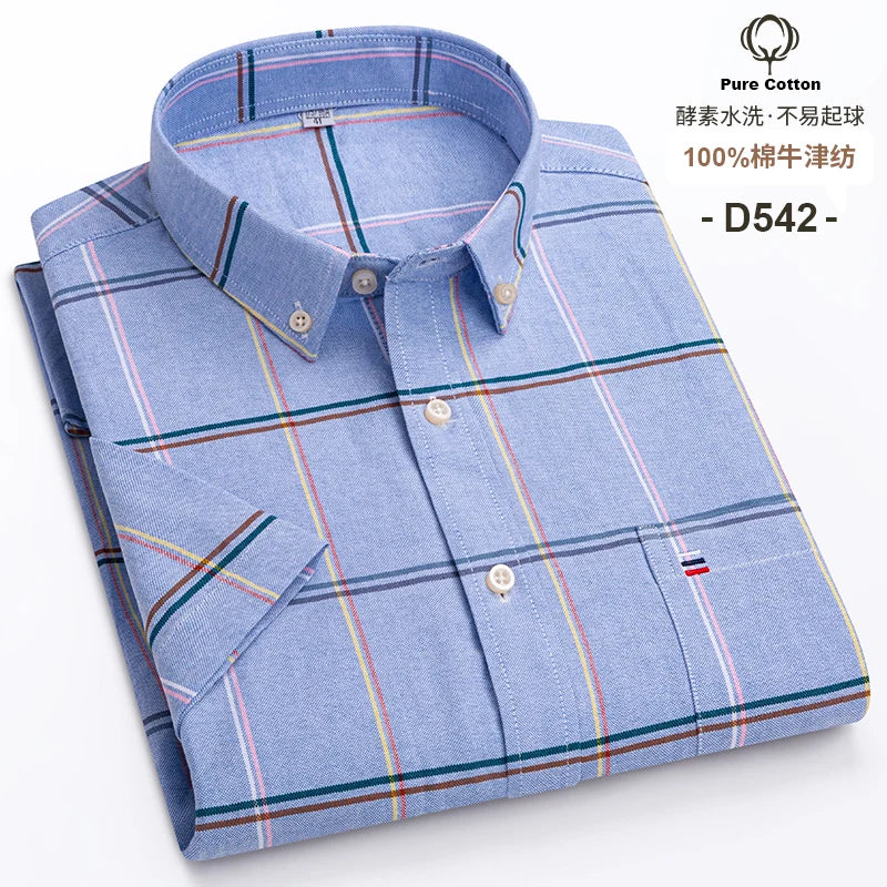 100%Pure Cotton Oxford Men's Shirts Short Sleeve Plaid Soft Regular Fit Formal Dress Shirt Social Blouse Male Clothes 6XL 7XL