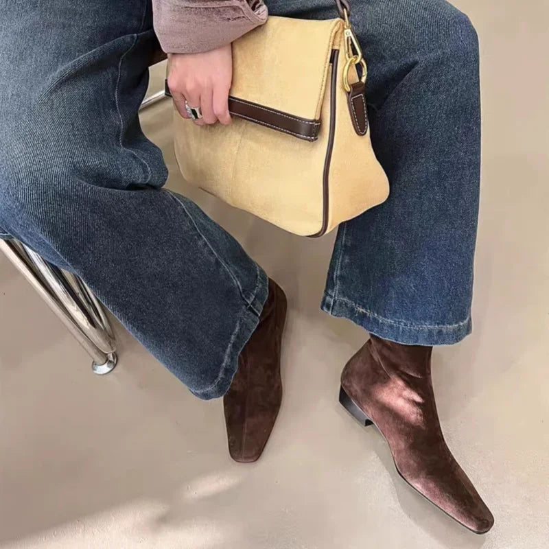 Autumn and Winter Retro Brown Ankle Boots Women Suede Warm Short Boots 2025 Trend Square Toe Low Heels Snow Boots Mujer Zapatos