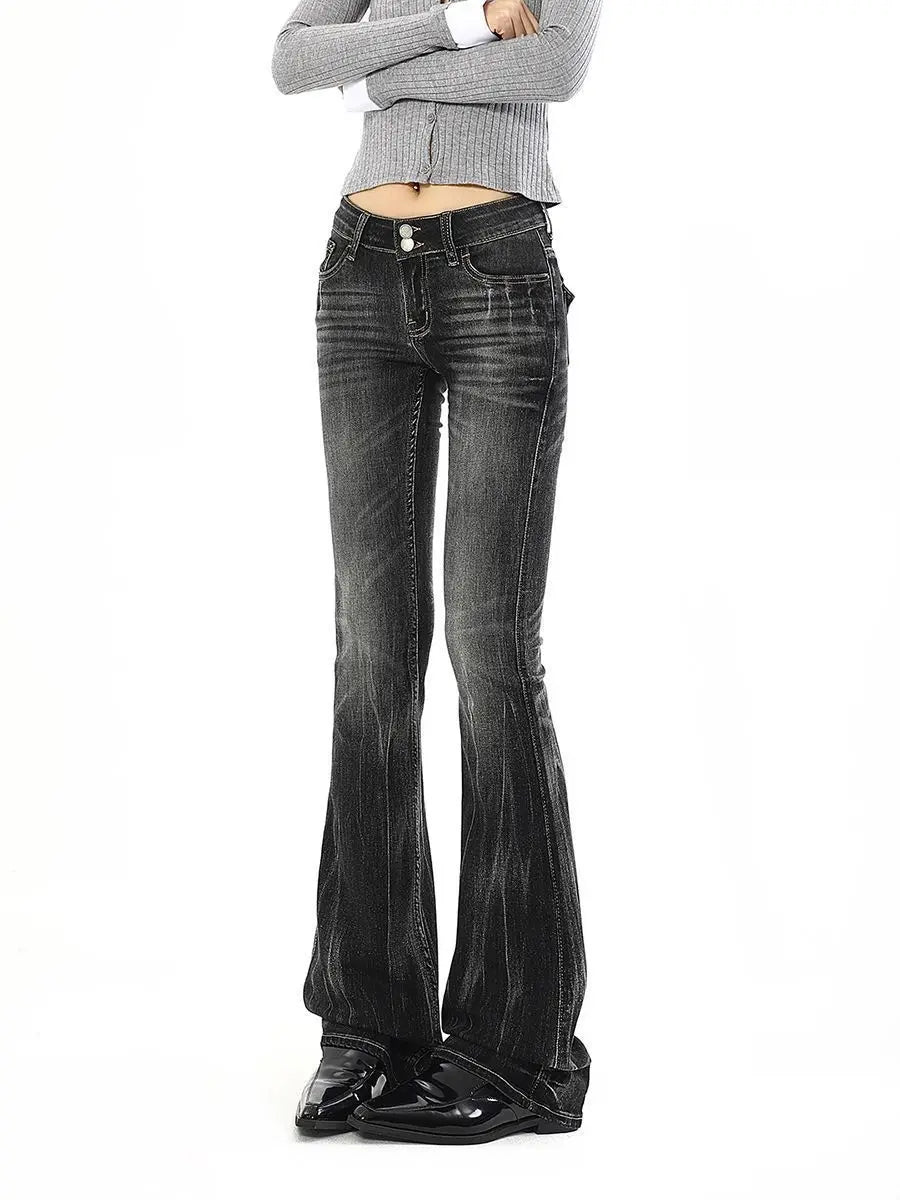 Women Vintage Double Button Low Waist Micro Flare Jeans Y2K Slim Retro Black Gray Whisker Denim Pants Streetwear Y2k Trousers
