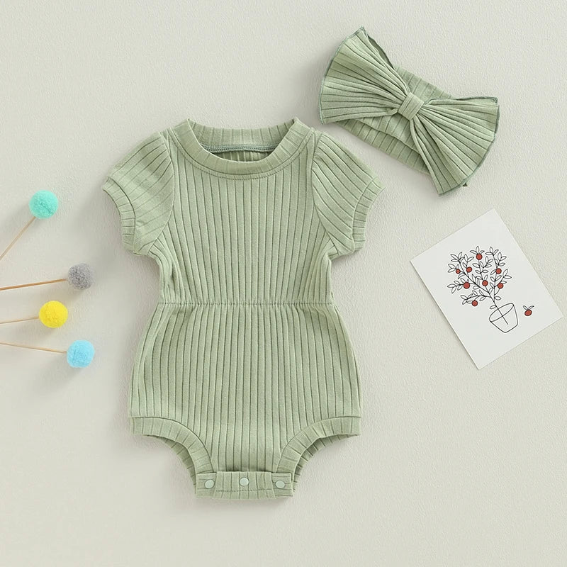 Newborn Baby Girl 2 Pcs Jumpsuits Clothing Suit Infant Summer Short Sleeve Knitted Romper with Bow Headband Set Toddler Clothes