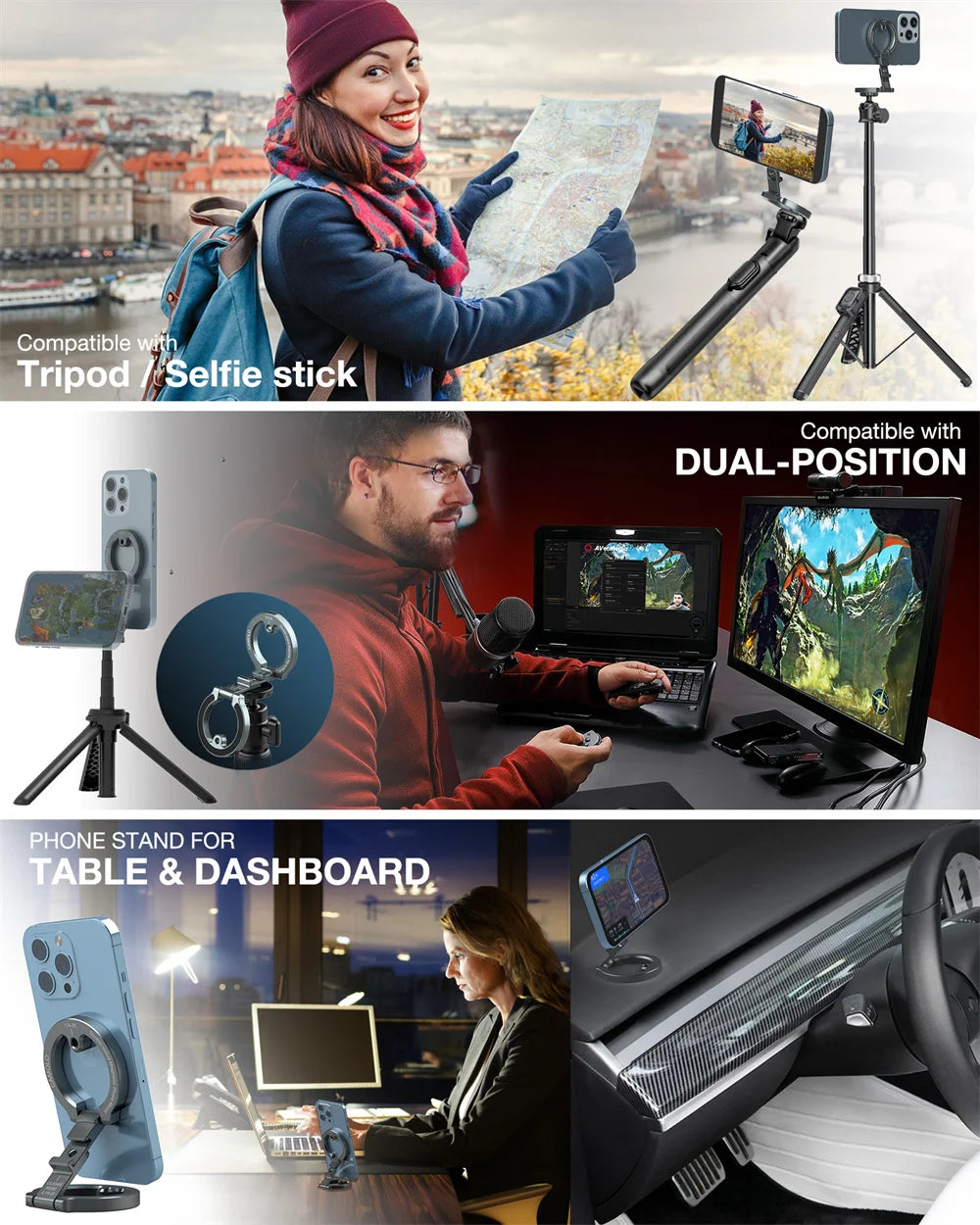 Dual-Sided Magnetic Phone Holder w Cold Shoe 1/4"-20 Gym Car Holder Phone Stand For MagSafe iPhone 17 16 15 14 13 Android Tripod