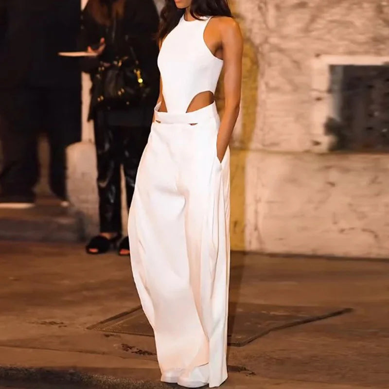 Summer Streetwear Solid Color Wide Leg Jumpsuit Casual Pocket Long Pants Playsuit Sexy Lady O Neck Sleeveless High Waist Romper