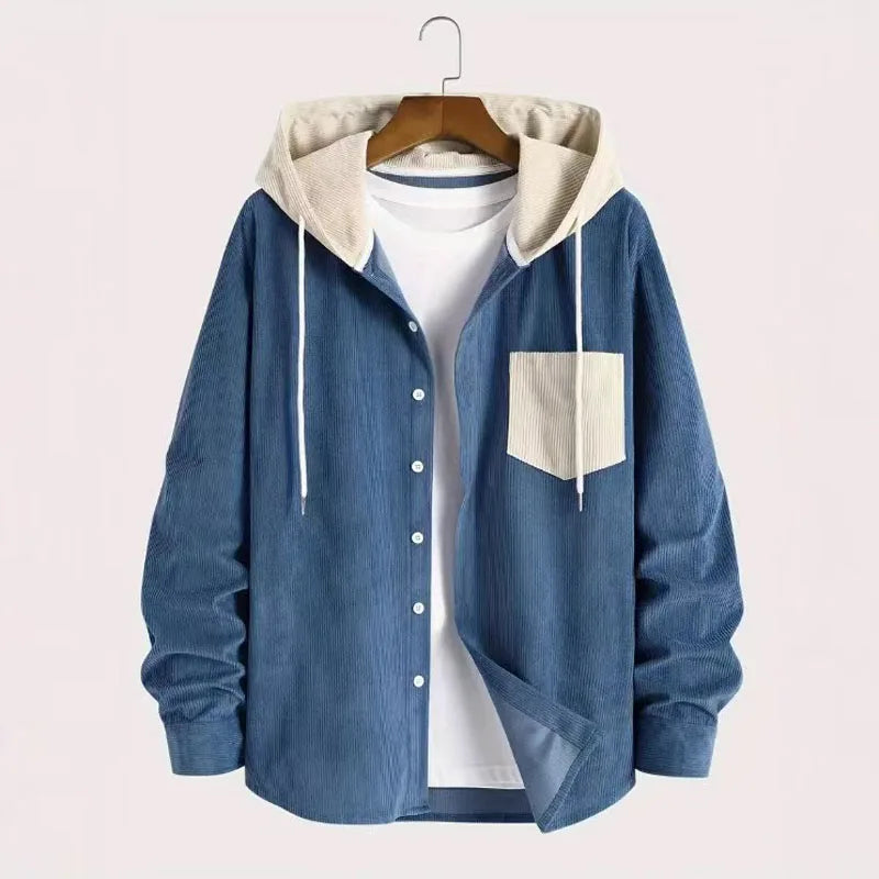 New Spring Autumn Men's Corduroy Long Sleeve Shirt Casual Streetwear Pocket Splicing Color Hoodie Loose Tops for Men Coats