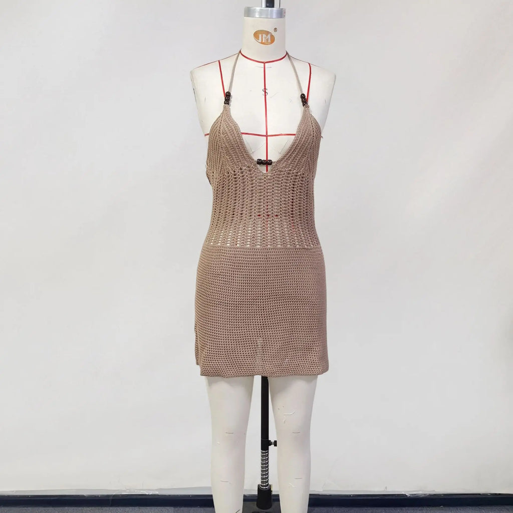 2026 Women's Sexy Hollow-Out Backpack Hip-Revealing Halter Neck Suspender Strap Knit Beach Dress Women Dress Elegant Fashion