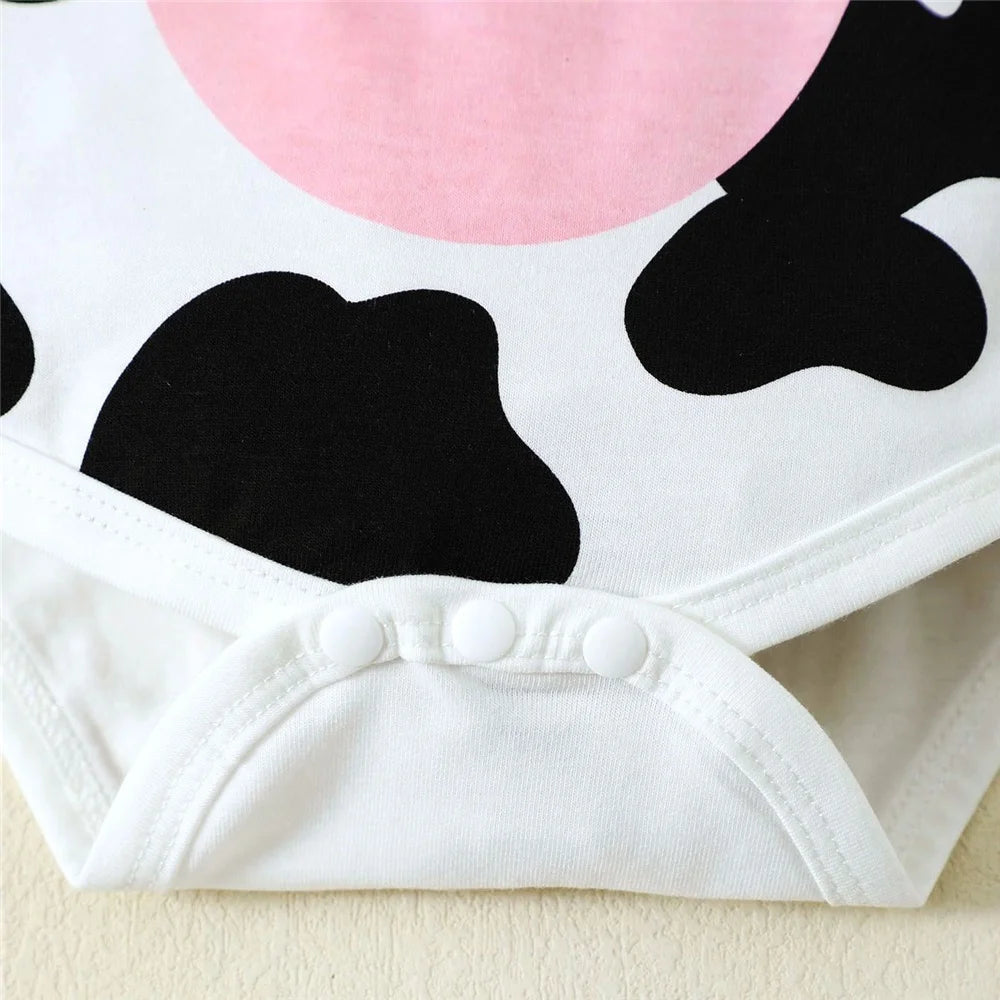 0-9 Months Newborn Baby Boy and Girl Romper Cute Cow Pattern Short Sleeve Bodysuit with Hat Summer Playsuit Clothing