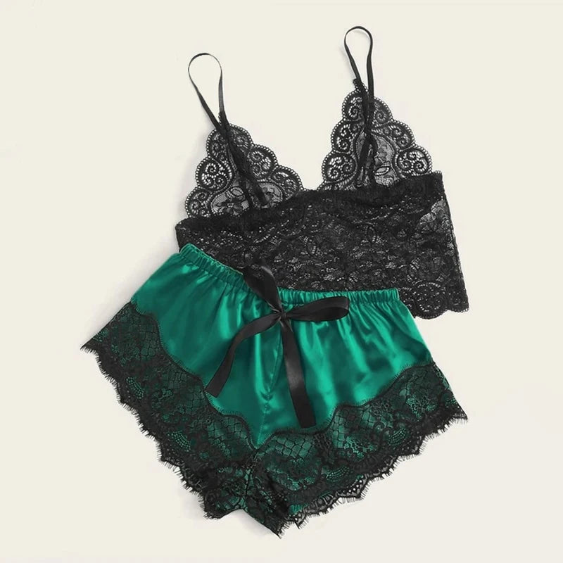Women's Lace Pajama Set – Crop Top & Shorts