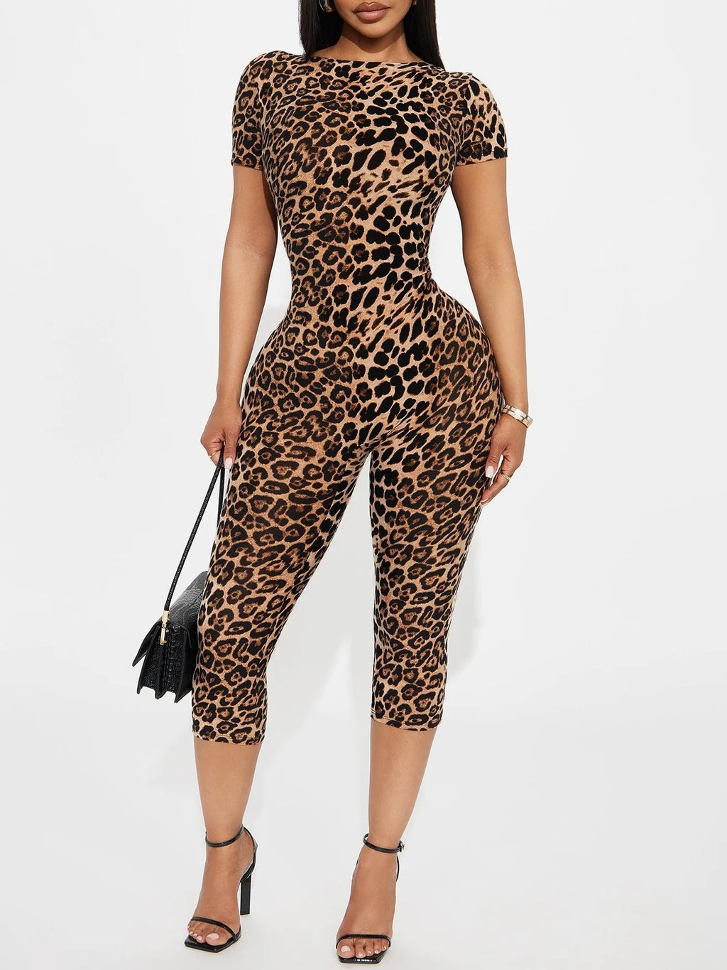 Custom LOGO women's clothing 2025 summer new leopard print short-sleeved backless slim-fitting fashion jumpsuit