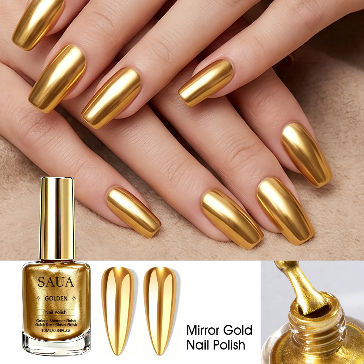 10ml Gold Metallic Nail Polish – Quick-Drying, No Lamp Required; Delivers a Long-Lasting, Natural Mirror-Like Metallic Finish.