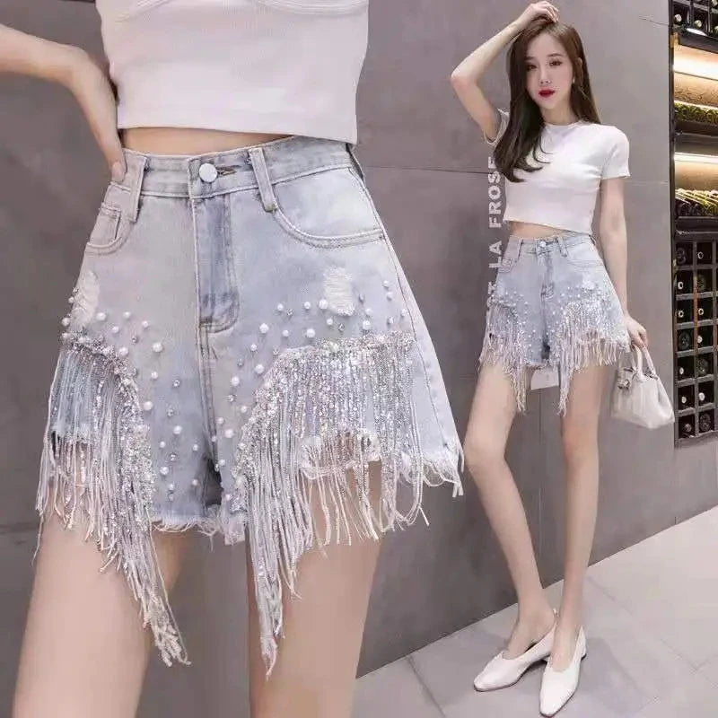 2026 Summer New Personalized Denim Shorts for women's High waisted Diamond Studded Heavy industry Sequin Tassel Fashion Shorts