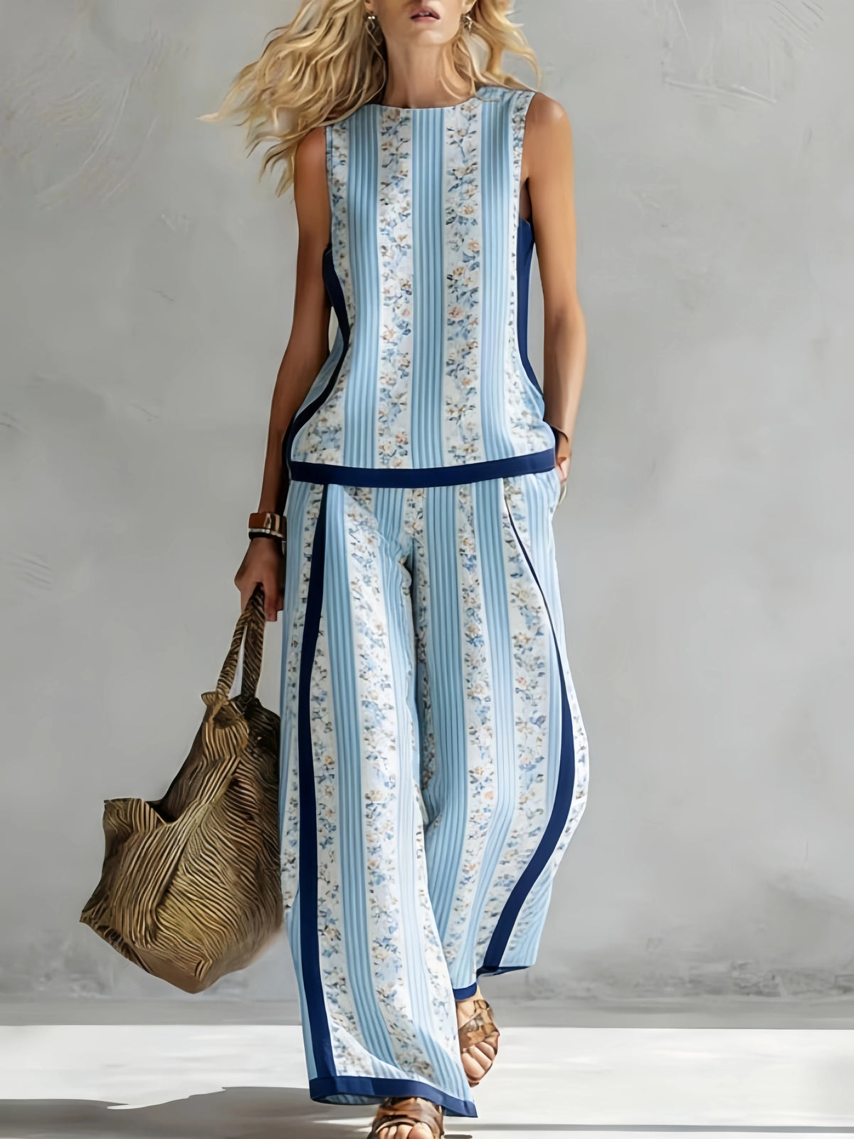 Fashion Retro Printed Sleeveless Tops Trousers 2-piece Set Women's Summer Casual Vest Loose Wide Leg Trousers Female Suit Pocket