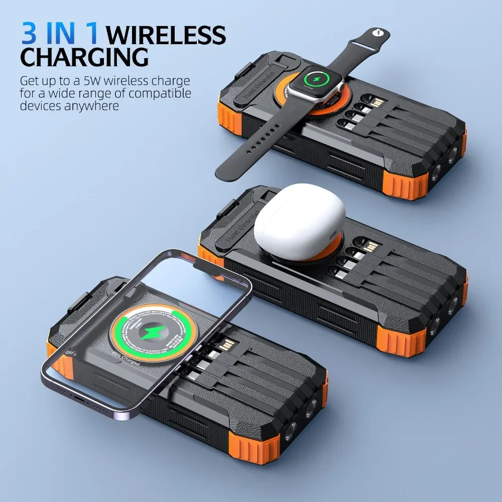 5-in-1 Solar Power Bank Hand Crank Generator 50000mAh,Fast Charge External Battery Pack,4 Built-in Cables,Wireless & Laser Light