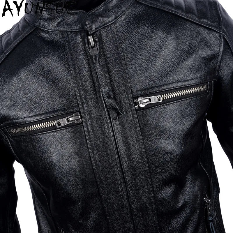AYUNSUE Pure Cowhide Men Leather Jacket Fashion Stand Collar Short 100% Genuine Cow Leather Real Jacket Slim-fit Motorcycle Wear