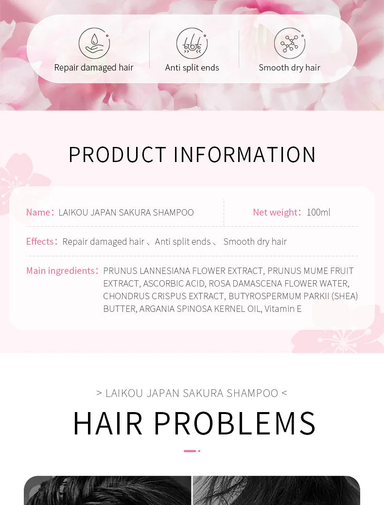 LAIKOU Japan Sakura  Shampoo Repair Damaged Hair Moisturizing Nourishing Anti Dandruff Oil Control Shampoos Hair Cleansing Care