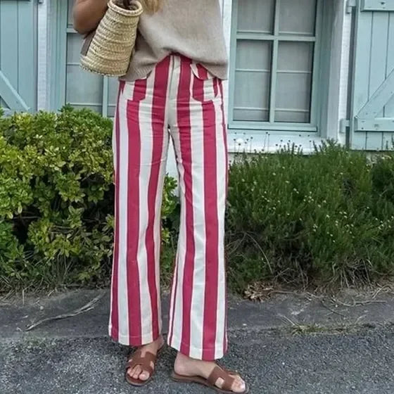 Stripe High-Waisted Wide Leg Trousers Straight Leg Linen Blend 2026 Spring Summer Chic Minimalist Streetwear Vacation Trouser