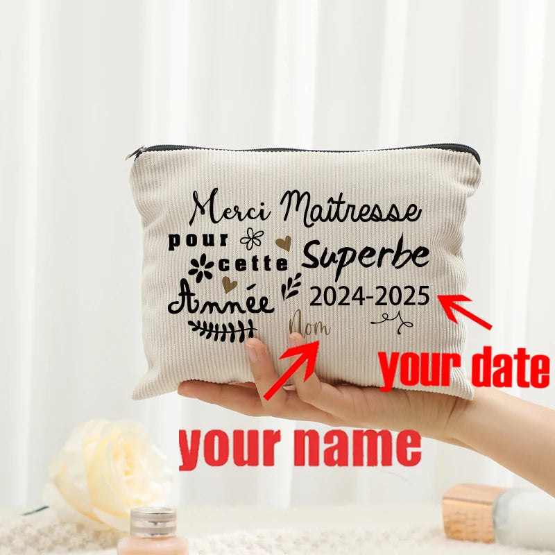 Personalized Floral Maitresse Appreciation Cosmetic Bag Custom Name Toiletry Case Gift for Educators End of School Year Present