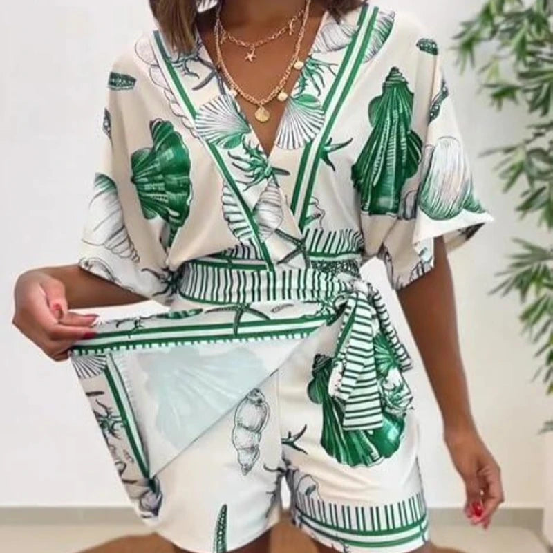 European American Summer New in Sweet Two-piece Setprinting Fashionable Comfortable Summer Women's Casual T-shirt Shorts Suit