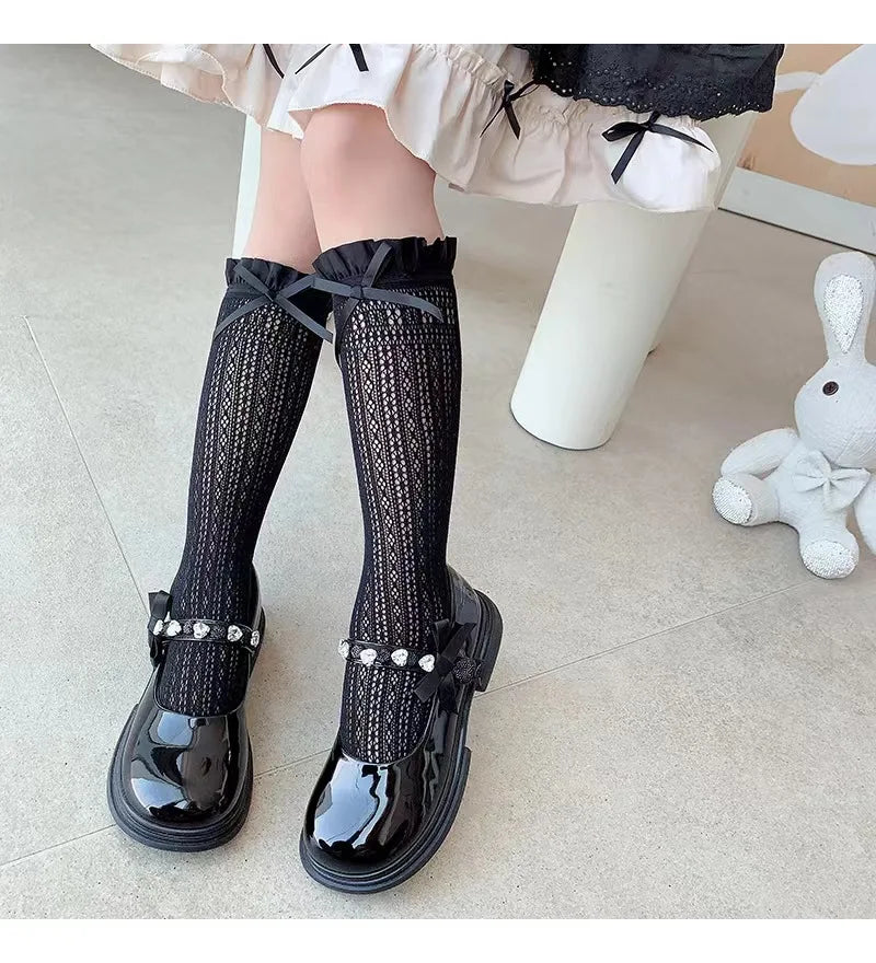 Girls Long Tube Lace Stockings Sweet Bow Jacquard Pattern Mesh Sock Baby Girl Ballet Fishing Net Frilly Socks Lolita Leggings