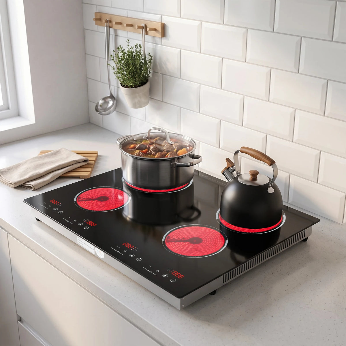 4 Burners Electric Ceramic Cooktop 110V 3000W LED Touch Control Built‑in Countertop Stove Flexible Adjustment for Home Kitchen