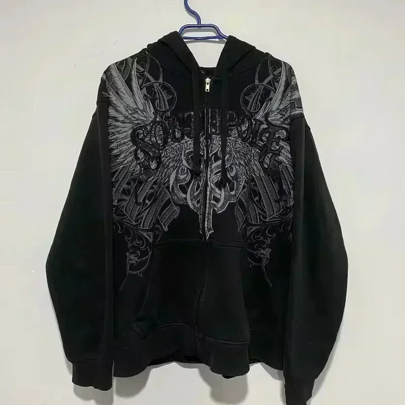 American Y2K New Hip Hop Trend Zipper Hoodie Women Street Casual Loose Joker Vintage Sweatshirt Unisex Fleece Padded Warm Hoodie